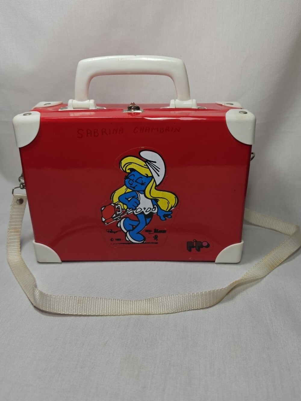 1983 Vintage Smurfette Hard Shell Suitcase Purse Red White Shoulder Bag